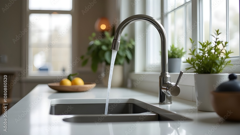 Close up shot of modern kitchen faucet with water running from tap, flow falling to empty dish sink at stylish home interior, selective focus, sustainable resources consumption concept. High quality