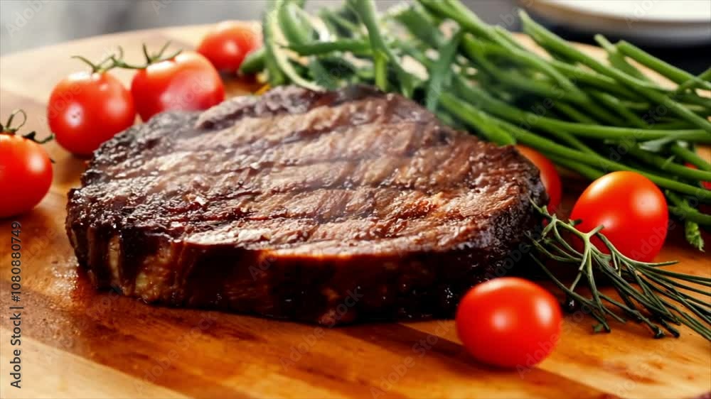 A close-up of a freshly cooked steak lying on a cutting board with cherry tomatoes and a sprig of rosemary A close-up of a freshly cooked steak lying on a cutting board with cherry tomatoes and a sprig of rosemary