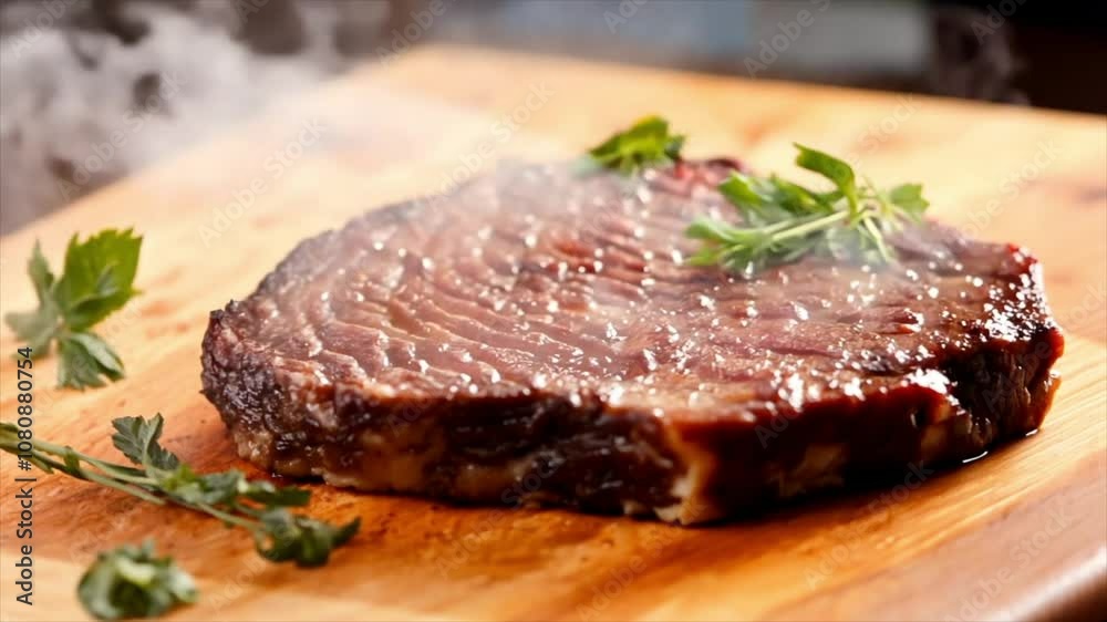 A close-up of a freshly cooked steak lying on a cutting board with cherry tomatoes and a sprig of rosemary A close-up of a freshly cooked steak lying on a cutting board with cherry tomatoes and a sprig of rosemary