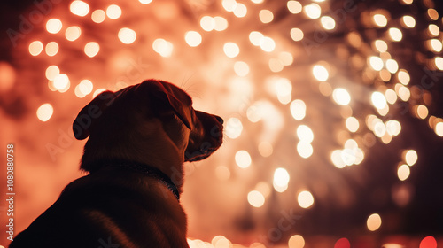 Dog gazing out at the fireworks lighting up the sky, capturing a peaceful moment of awe and fascination