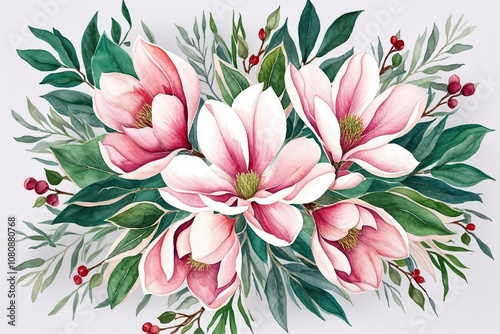 Watercolor Blush Magnolia Floral Design with Soft Green Leaves for Holiday Greeting Cards