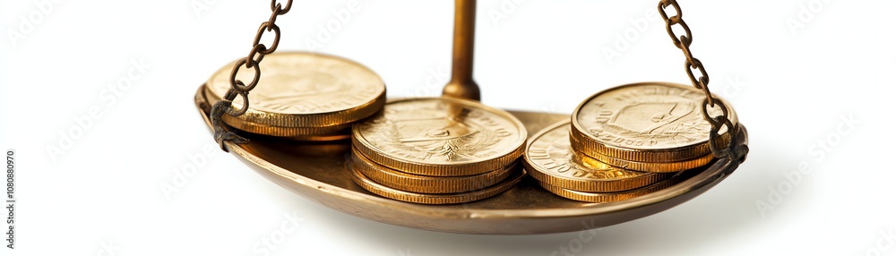 Scale balancing coins, white isolate background Scale balancing coins, white isolate background