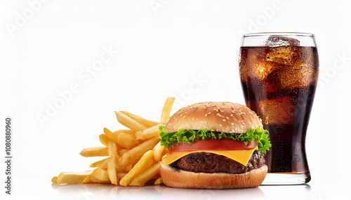 Hamburger and french fries menu meal combo cola drink fast food isolated on a white background