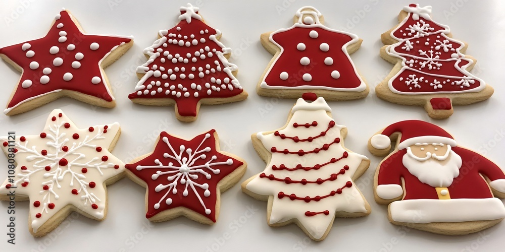 Festive homemade christmas cookies with red and white icing depicting santa claus, stars, christmas trees, and ornaments Festive homemade christmas cookies with red and white icing depicting santa claus, stars, christmas trees, and ornaments
