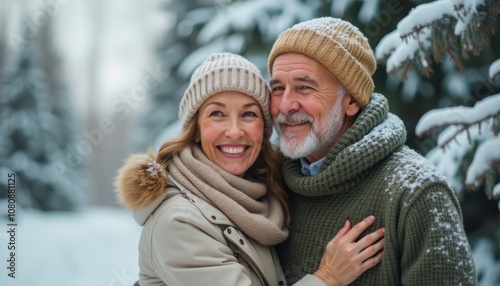 A cheerful couple stands close together in a snowy forest, radiating warmth and affection amidst the chilly backdrop. Their cozy winter attire, complete with knitted hats and scarves, enhances the