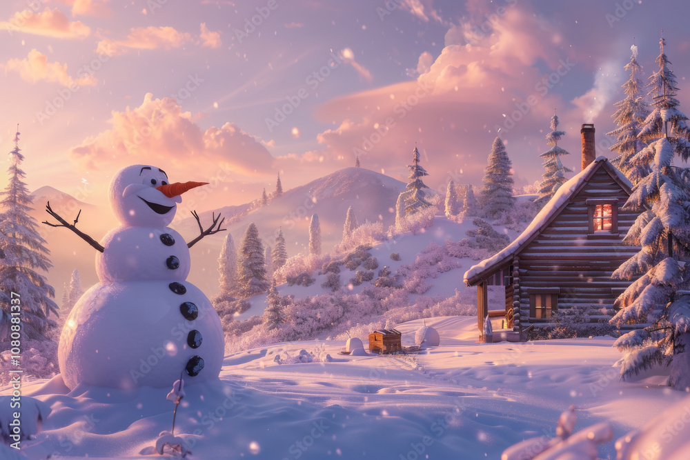 Fototapeta premium Cozy Winter Cabin at Sunset with Snowman