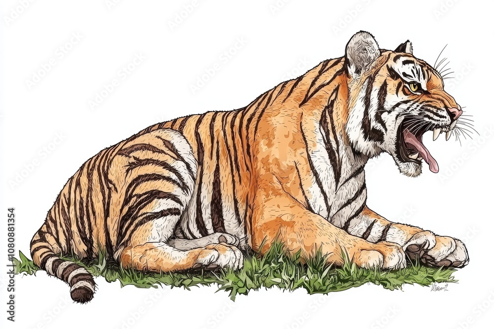 Obraz premium Majestic Tiger Lying on Grass with Fierce Expression, Capturing the Power and Beauty of Nature in Stunning Detail for Wildlife Enthusiasts and Art Lovers