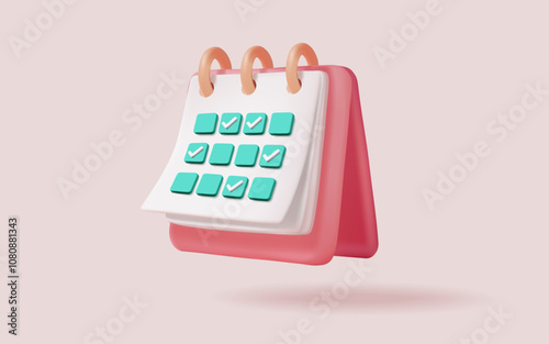3d calendar icon with correct green mark. Calendar assignment. Time for meeting reminder. Business planning, Appointment, Holiday, Event, Agenda, Date, Note. Planning concept. 3d vector illustration