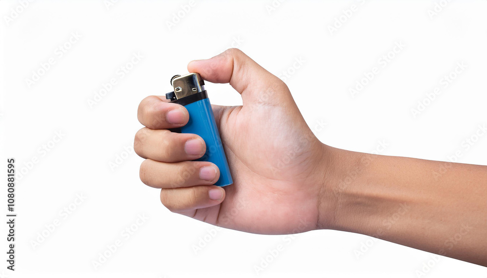 Hand holding burning a red color gas lighters isolated on white background. Gas lighter close up. Tool to used to create a flame Hand holding burning a red color gas lighters isolated on white background. Gas lighter close up. Tool to used to create a flame