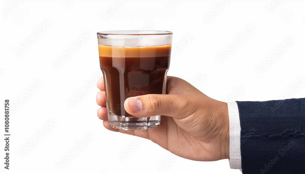 Hand holding a glass of cold espresso coffee on a white Hand holding a glass of cold espresso coffee on a white