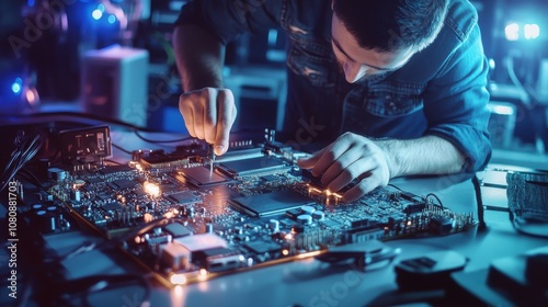 Technician repairing a motherboard in a high-tech workshop