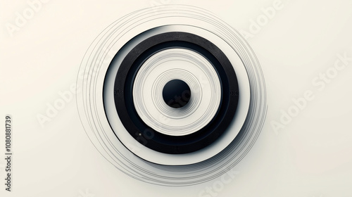 Abstract design featuring concentric circles with alternating black and white layers creating a three-dimensional effect on a simple background.