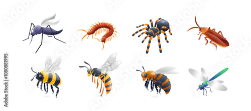 Set of insect illustrations, mosquito, cockroach, spider, centipede, bee, wasp, bumblebee, dragonfly, realistic in 3d style.