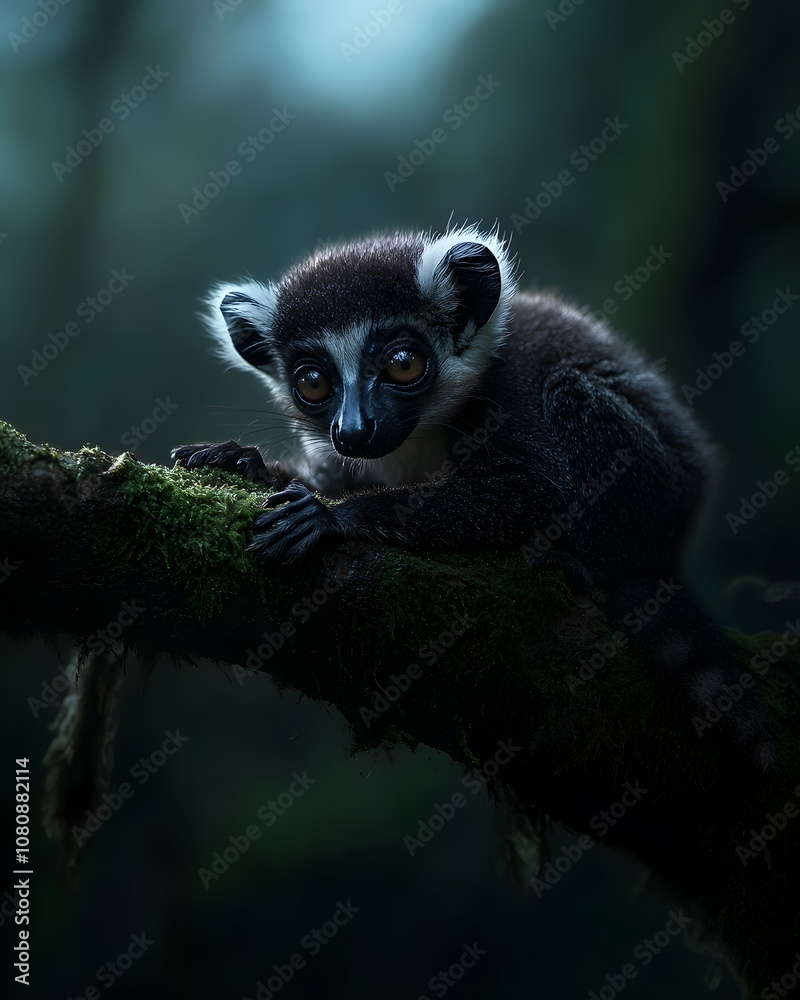Fototapeta premium A young black and white lemur perches on a mossy branch.