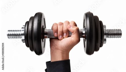 Muscular hand holding black dumbbell isolated on white background. Gym exercise activity.