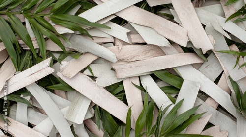 Textured Background of Natural Green Leaves Combined with Strips of Light Colored Material Creating an Organic and Earthy Aesthetic for Design Purposes