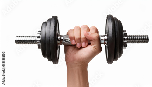 Hand holding black dumbbell isolated on white background.