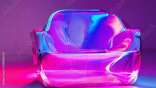 Abstract stylish furniture made of reflective plastic materials, colors that change with viewing or illumination geometry, futuristic purple, pink and blue. Iridescent concept. Video