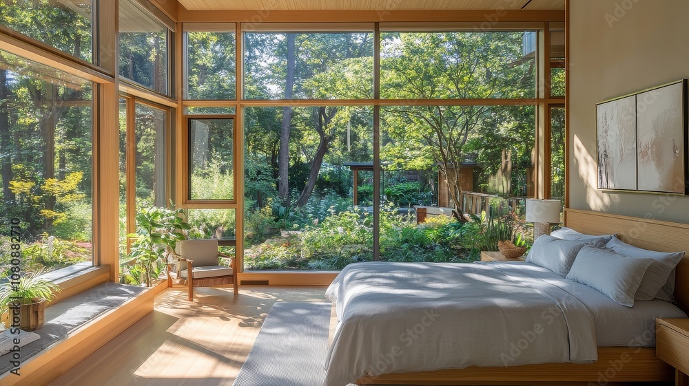 A serene bedroom with large windows, showcasing a lush green view, seamlessly blending nature and modern design.