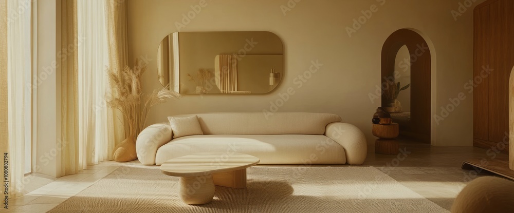 Modern Living Room Interior with Beige Sofa and Wooden Accents Modern Living Room Interior with Beige Sofa and Wooden Accents