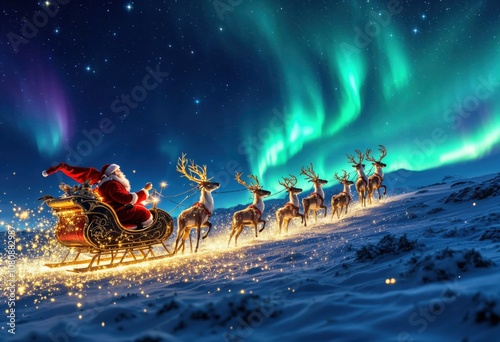 Santa Claus in a sleigh with reindeer flies over the earth in the night starry sky photo