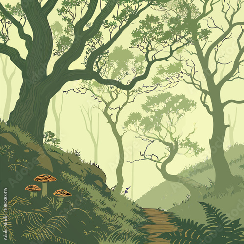 Serene woodland path winds through ancient trees, dappled sunlight filtering through leaves.  Tranquil forest scene evokes peace, nature's beauty. Ideal for nature lovers, calming designs.