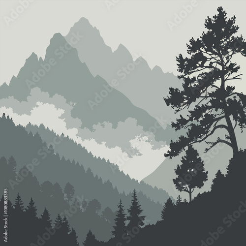 A serene mountain landscape with a dense forest and a towering pine tree silhouetted against a misty backdrop. This image evokes a sense of tranquility and peace.