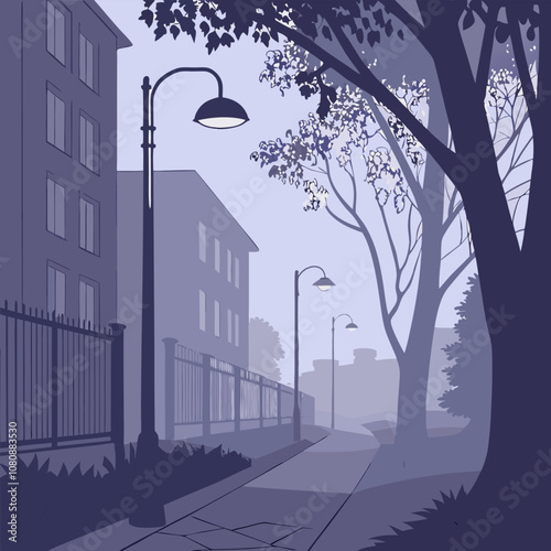 Serene morning street scene. Silhouetted buildings, trees, and lampposts create a calming, minimalist urban landscape. Perfect for design projects needing a peaceful atmosphere.