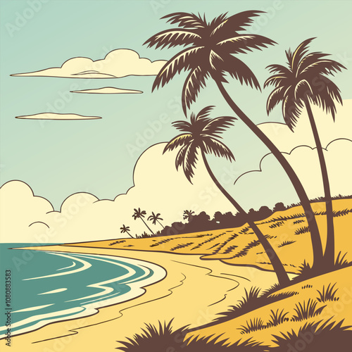 A vintage-style illustration of a beautiful tropical beach scene. Palm trees sway in the breeze, while the ocean waves gently lap at the shore.