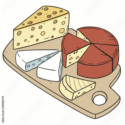 Delicious cheese assortment on a wooden board.  Various types of cheese, including cheddar, brie, and red Leicester, are artfully arranged. Perfect for gourmet food blogs, menus.