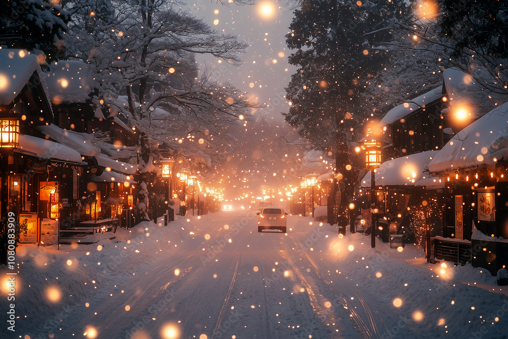 Christmas Snowy street in the city, with snow falling, and glowing lights, in a calm and serene mood Christmas Snowy street in the city, with snow falling, and glowing lights, in a calm and serene mood