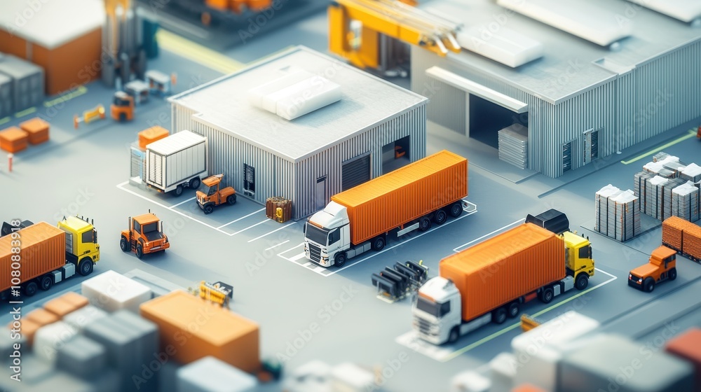 Transportation equipment including trucks and forklifts in a logistics park Transportation equipment including trucks and forklifts in a logistics park