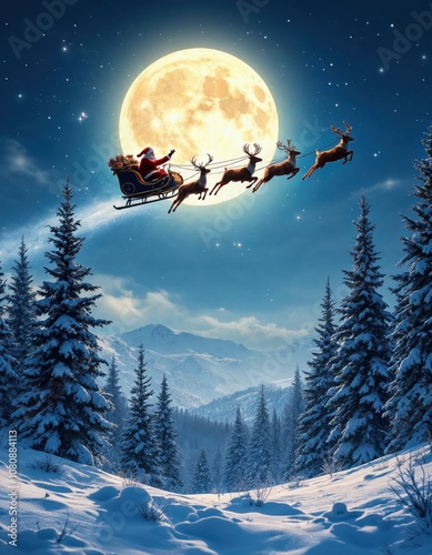 Santa Claus in a sleigh with reindeer flies over the earth in the night starry sky