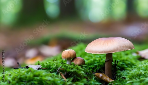 Detailed picture of mushroom growth on the forest floor, showcasing a harmonious natural ecosystem.