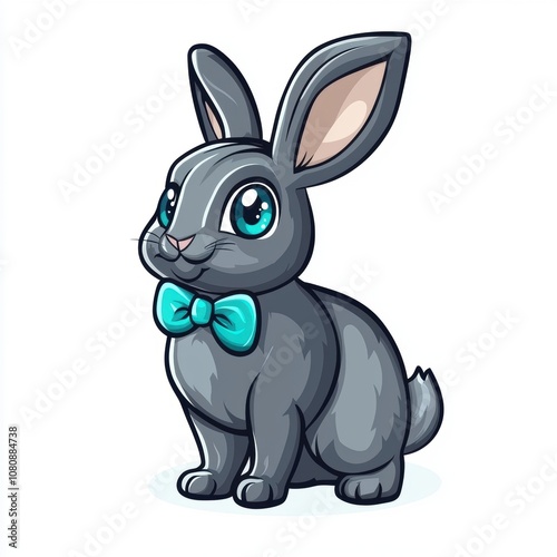 Cute Cartoon Bunny with a Bow Tie, Adorable Expression, and Bright Eyes, Perfect for Children's Illustrations, Posters, and Seasonal Themes in a Playful, Fun Style