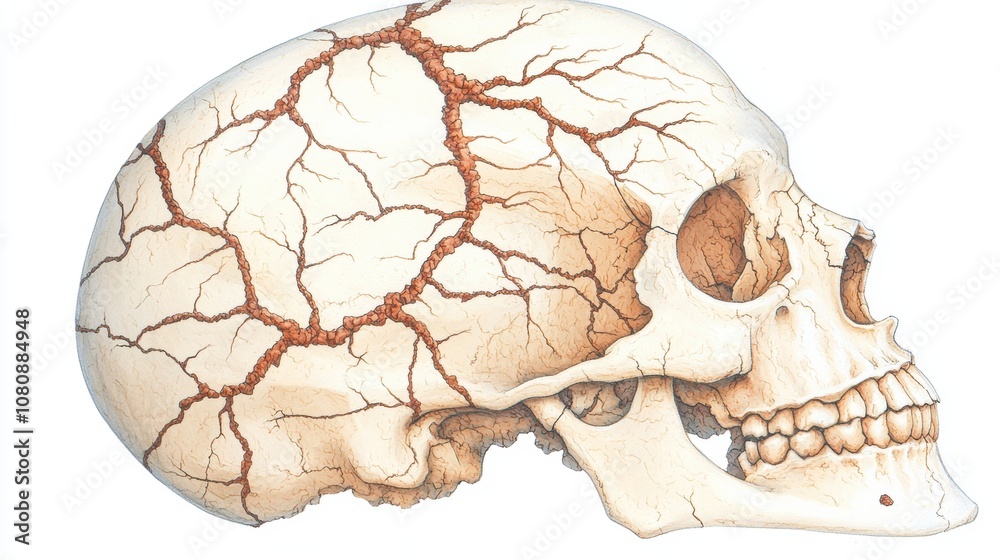 Intricate Close-Up View of a Human Skull Showcasing Detailed Cracks and Textures for Educational, Medical, or Artistic Use in Illustrations and Designs Intricate Close-Up View of a Human Skull Showcasing Detailed Cracks and Textures for Educational, Medical, or Artistic Use in Illustrations and Designs