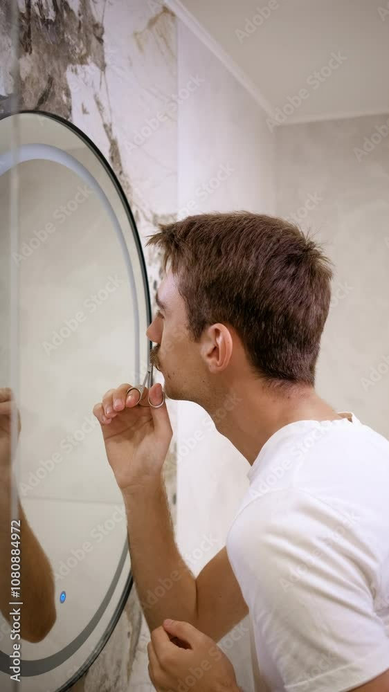 Young man trims his mustache with scissors in the bathroom in front of the mirror.