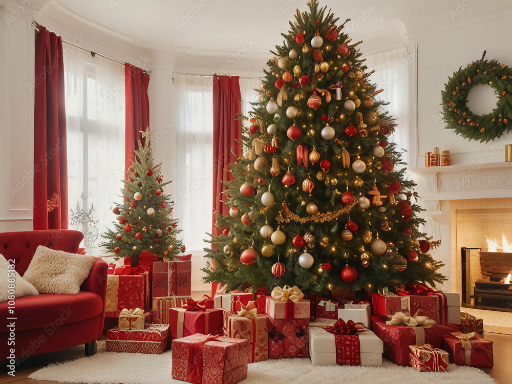 Wide-Angle Shot of Decorated Christmas Tree in Cozy Living Room with Red, Gold, and Green Ornaments and Wrapped Gifts Underneath, Emphasizing Warm Holiday Atmosphere and Festive Season Decor Wide-Angle Shot of Decorated Christmas Tree in Cozy Living Room with Red, Gold, and Green Ornaments and Wrapped Gifts Underneath, Emphasizing Warm Holiday Atmosphere and Festive Season Decor
