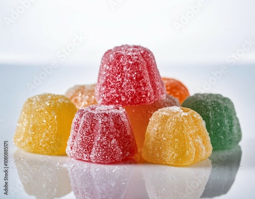 colorful gummy candy covered in sugar sitting on white reflective surface photo