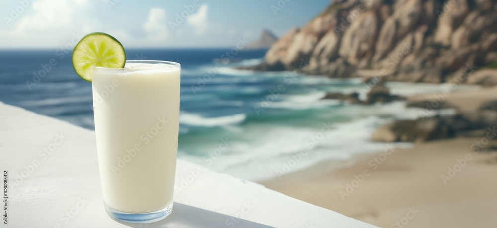 Refreshing cocktail on beach with ocean view, glass of creamy drink garnished with lime, soft waves in background, sunny day Refreshing cocktail on beach with ocean view, glass of creamy drink garnished with lime, soft waves in background, sunny day