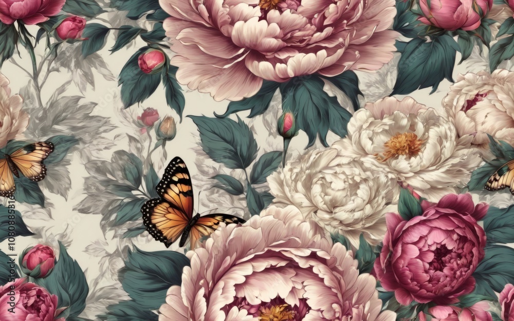 Vibrant floral pattern featuring peonies and butterflies on a soft background perfect for home decor Vibrant floral pattern featuring peonies and butterflies on a soft background perfect for home decor
