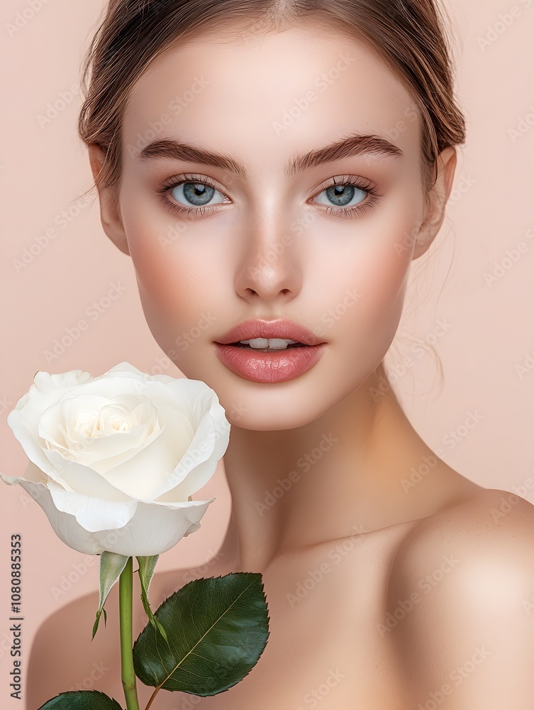Beauty Portrait of a Young Woman Holding a White Rose Against a Soft Pink Background with Natural Makeup and Radiant Skin Beauty Portrait of a Young Woman Holding a White Rose Against a Soft Pink Background with Natural Makeup and Radiant Skin
