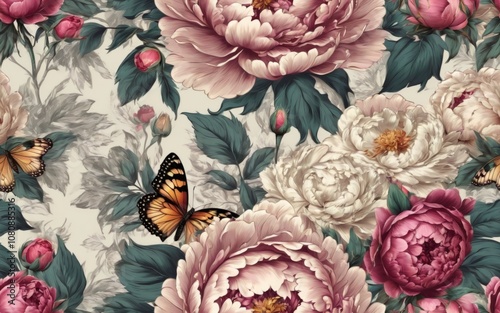 Vibrant floral pattern featuring peonies and butterflies on a soft background perfect for home decor