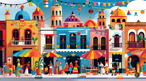 Colorful Street Market in Mexico with Traditional Clothing Decorations