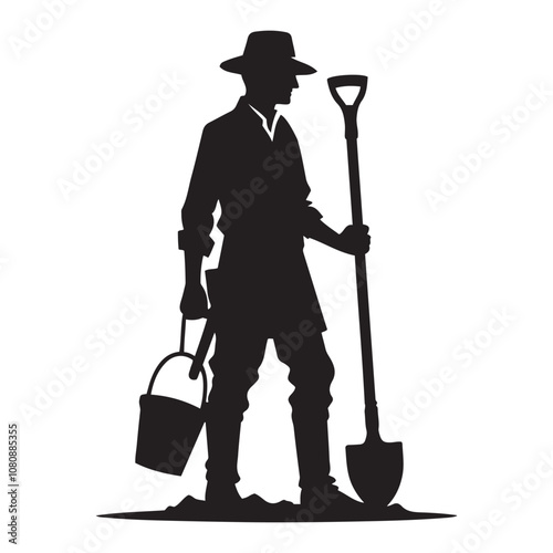 Archaeologist with a shovel silhouette vector art black color design and solid white background 
