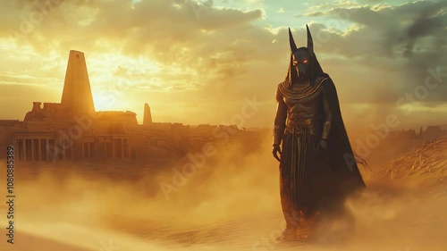 Anubis rises from the sands in a mystical desert landscape during twilight hours Video