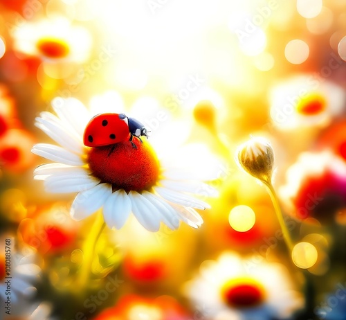 Ladybug on a daisy, an AI picture photo