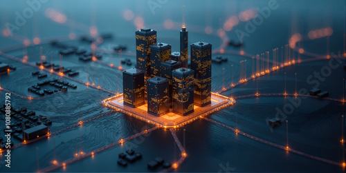 Miniature skyscrapers in the city on a computer board, futuristic smart city technology, digital infrastructure, technology in the urban environment, urban innovation, tech economy and high-tech city