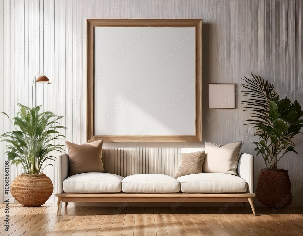 Fototapeta premium empty blank frame on a wall in a cozy loungeroom scene with hardwood floors white walls texture background