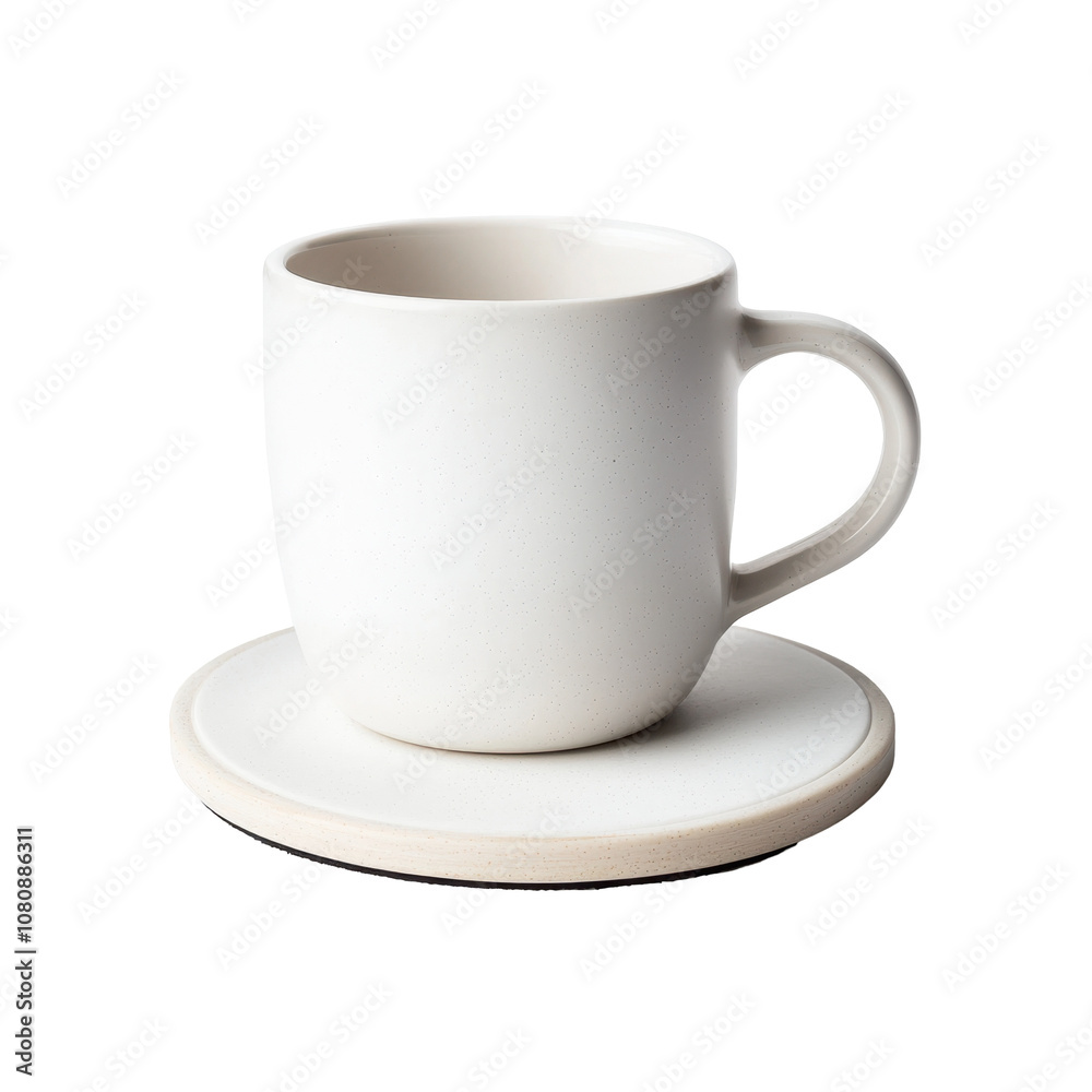 A simple, white ceramic cup on a matching saucer, designed for an elegant, minimalist aesthetic. A simple, white ceramic cup on a matching saucer, designed for an elegant, minimalist aesthetic.